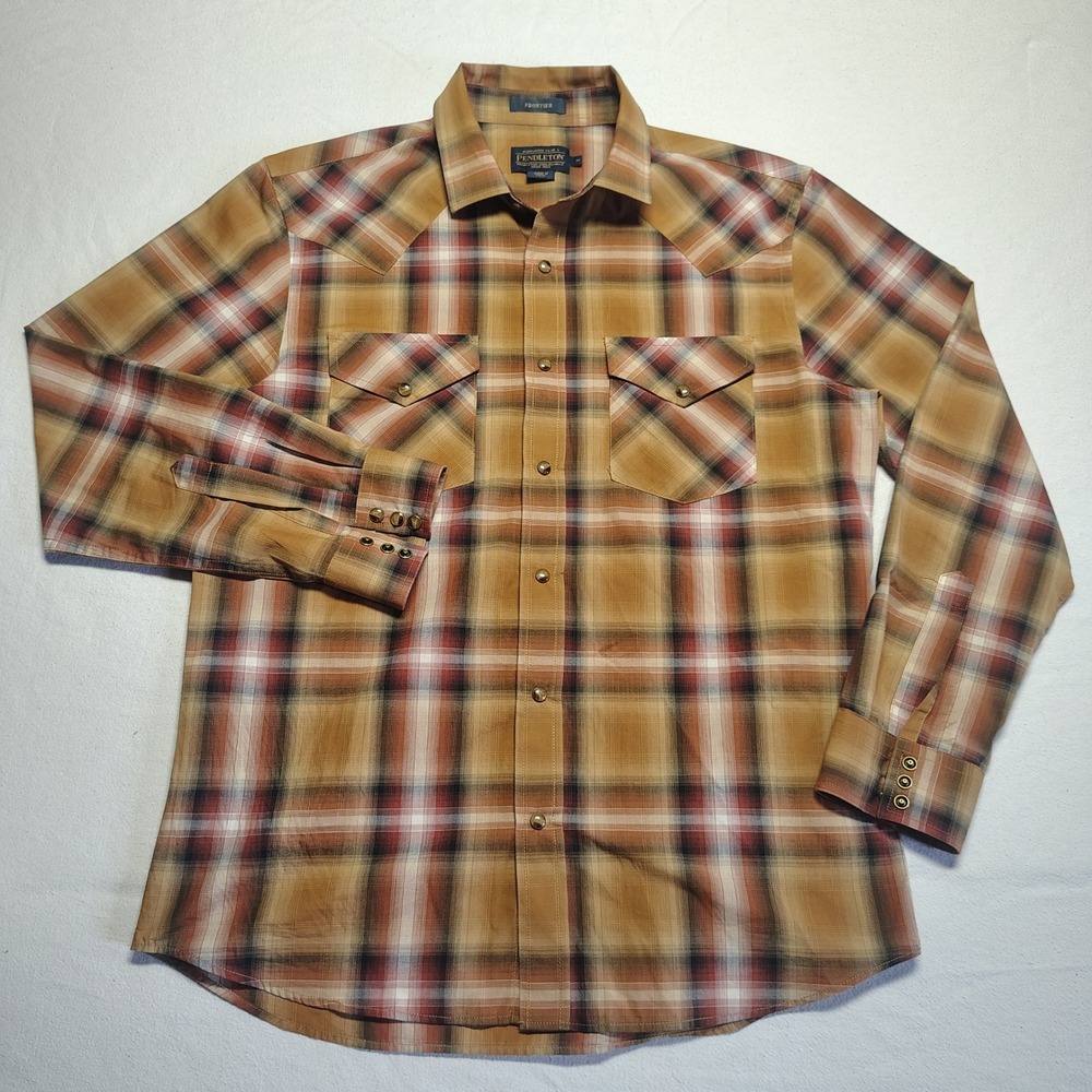 Pendleton Mens Frontier Shirt M Shadow Plaid Cotton Blend Western Pearl Snap